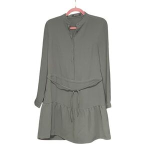 All Saints Lin Sleeve Mini Relax Dress Olive Green Tie‎ Waist Women's Size 2